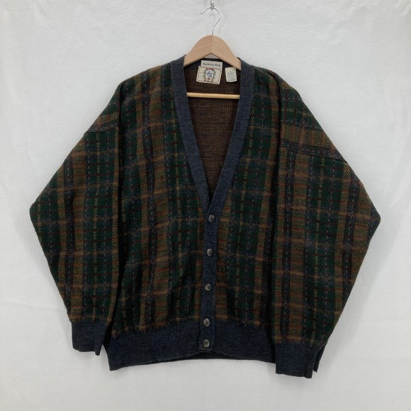 Vintage Sears Sweater Mens Large Green Gray Plaid Wool Blend Italy Button Up 80s - Picture 1 of 11
